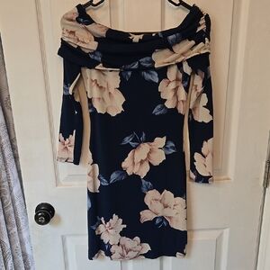 Floral Off-Shoulder Bodycon Dress - Navy and Pink
